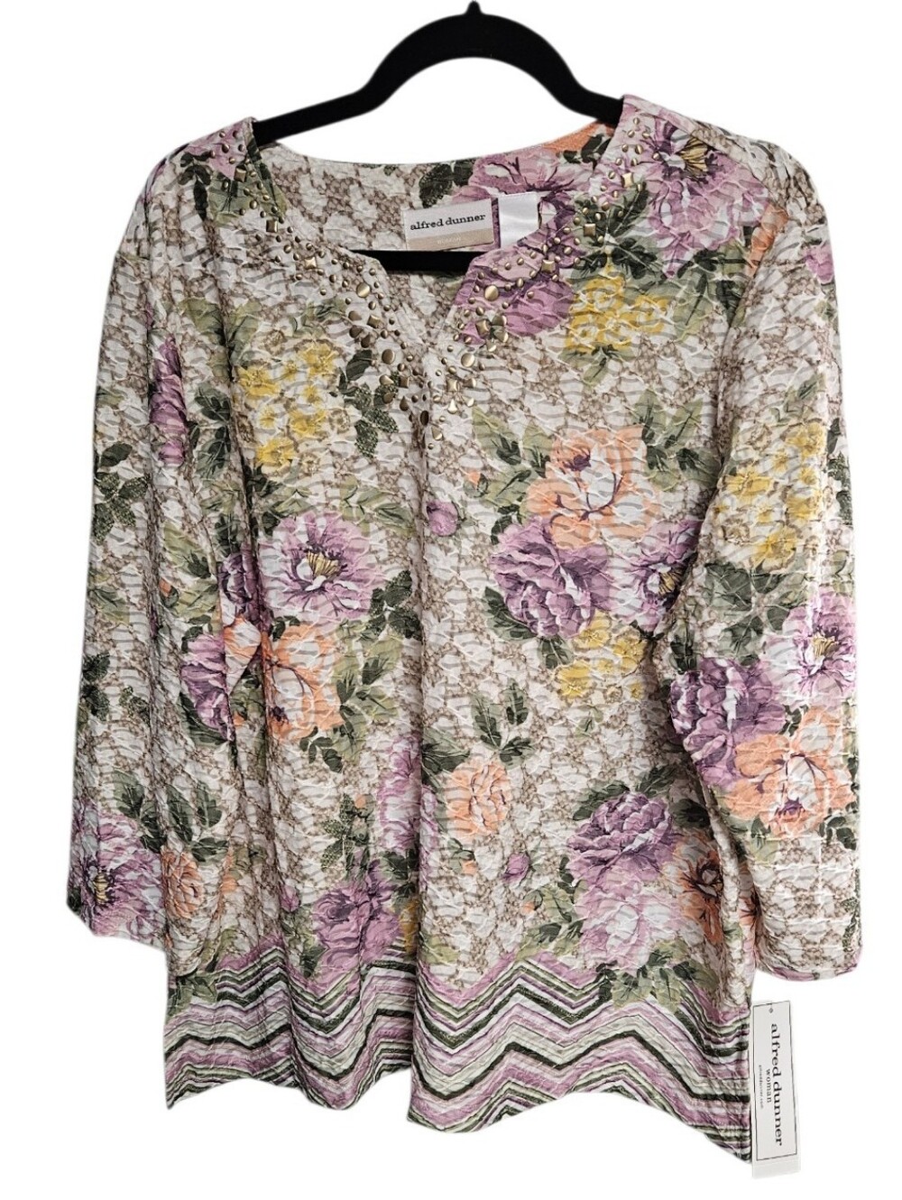 Alfred Dunner Cream Floral Embroidered Scoop Neck Tunic with Pastel Blooms